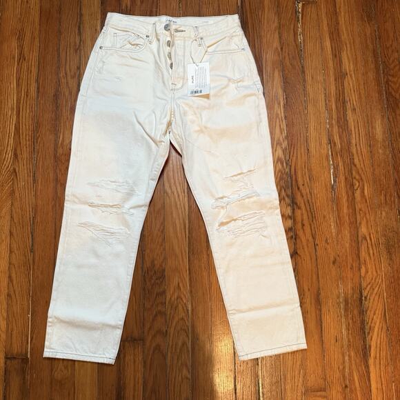 Frame Denim High Rise Straight Fit Distressed Jeans Off-White Rips Le Original - Picture 3 of 13